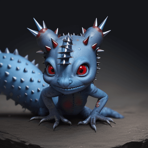AI generated: A small, blue creature with red eyes and brown spikes coming out of its head.