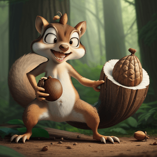 AI generated: Scrat, the lovable saber-toothed squirrel from Ice Age, caught in a comical struggle with an enormou...