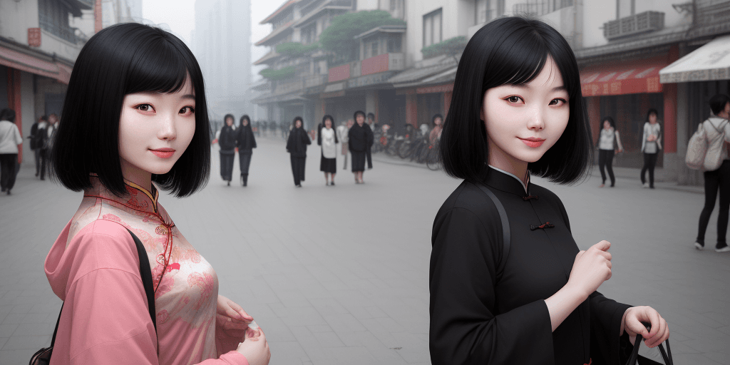 AI generated: Chinese young woman, happy, Black hair, realistic skin, natural beauty, Henri Cartier-Bresson, EOS 5...