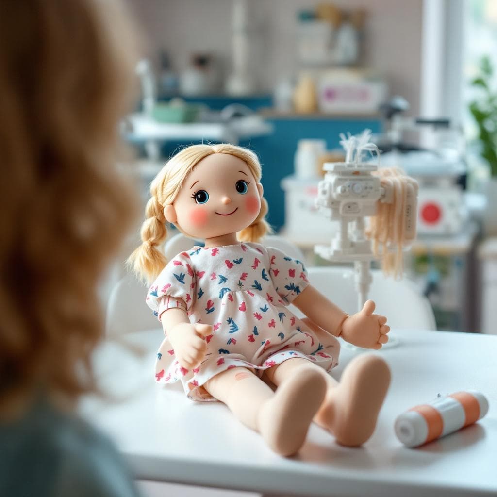AI generated: A 50 cm tall educational rag doll designed for children to learn about blood tests. The doll has a s...
