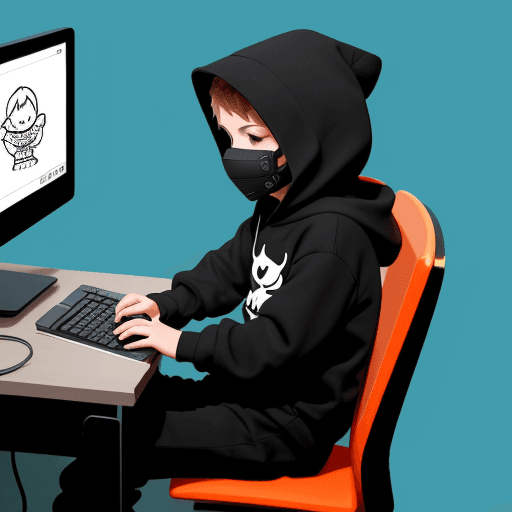 AI generated: Create boy character sitting at desk with keyboard and mouse, looking a computer screen, mask,  wear...