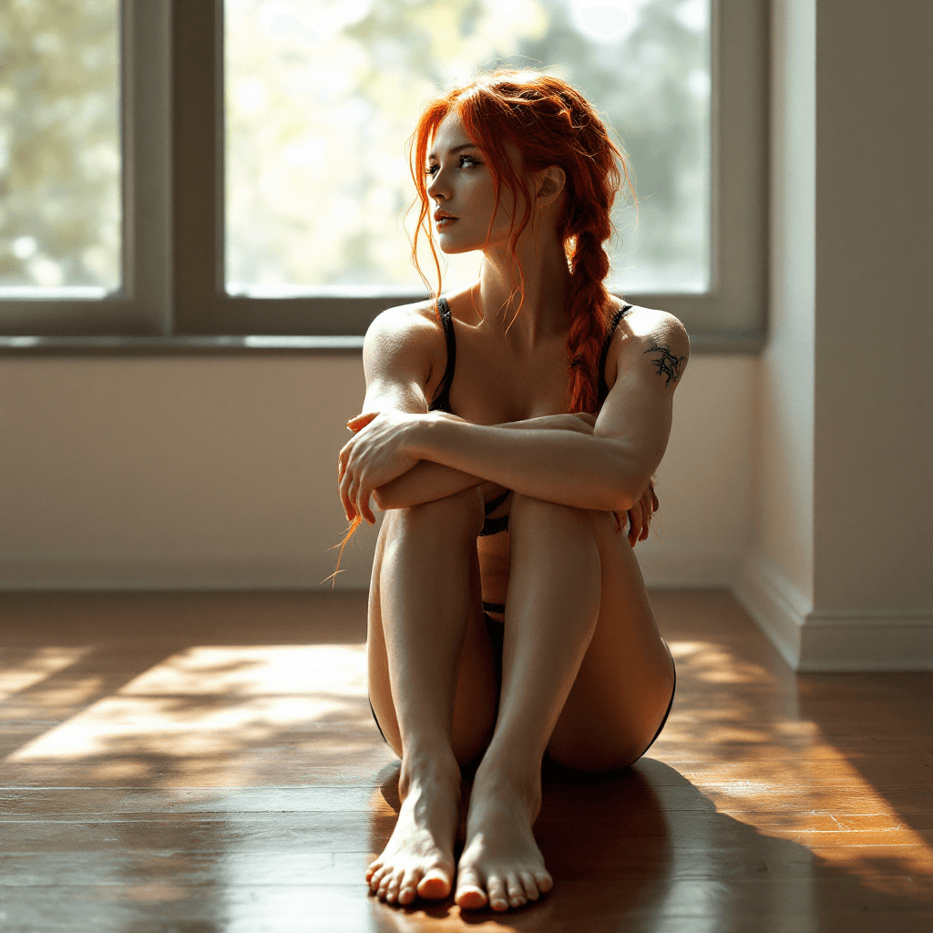 AI generated: A hyper-realistic, full-body 8K cinematic fashion photo of a fit, pale-skinned woman with long neon ...