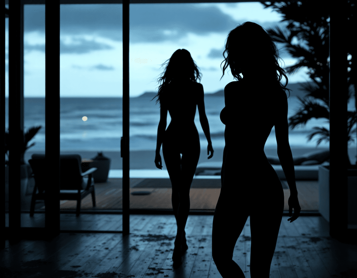 AI generated: Solid black silhouette of a woman with slightly wavy long hair, perfect body, wearing a tight surf b...