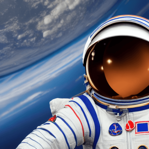 AI generated: Russian astronaut with Russian Federation flag, in space, more details, space on background