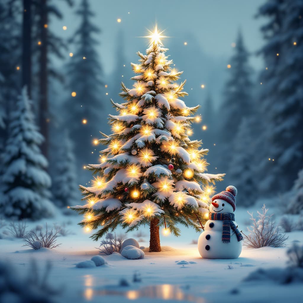 AI generated: Cgi- New Year tree, next to a Christmas snowman, in the style of Kaws, with luminous elements, gradi...