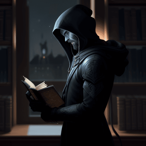 AI generated: mysterious figure from the side with a book in his hand at the library, by night <lora:xl_more_art-f...
