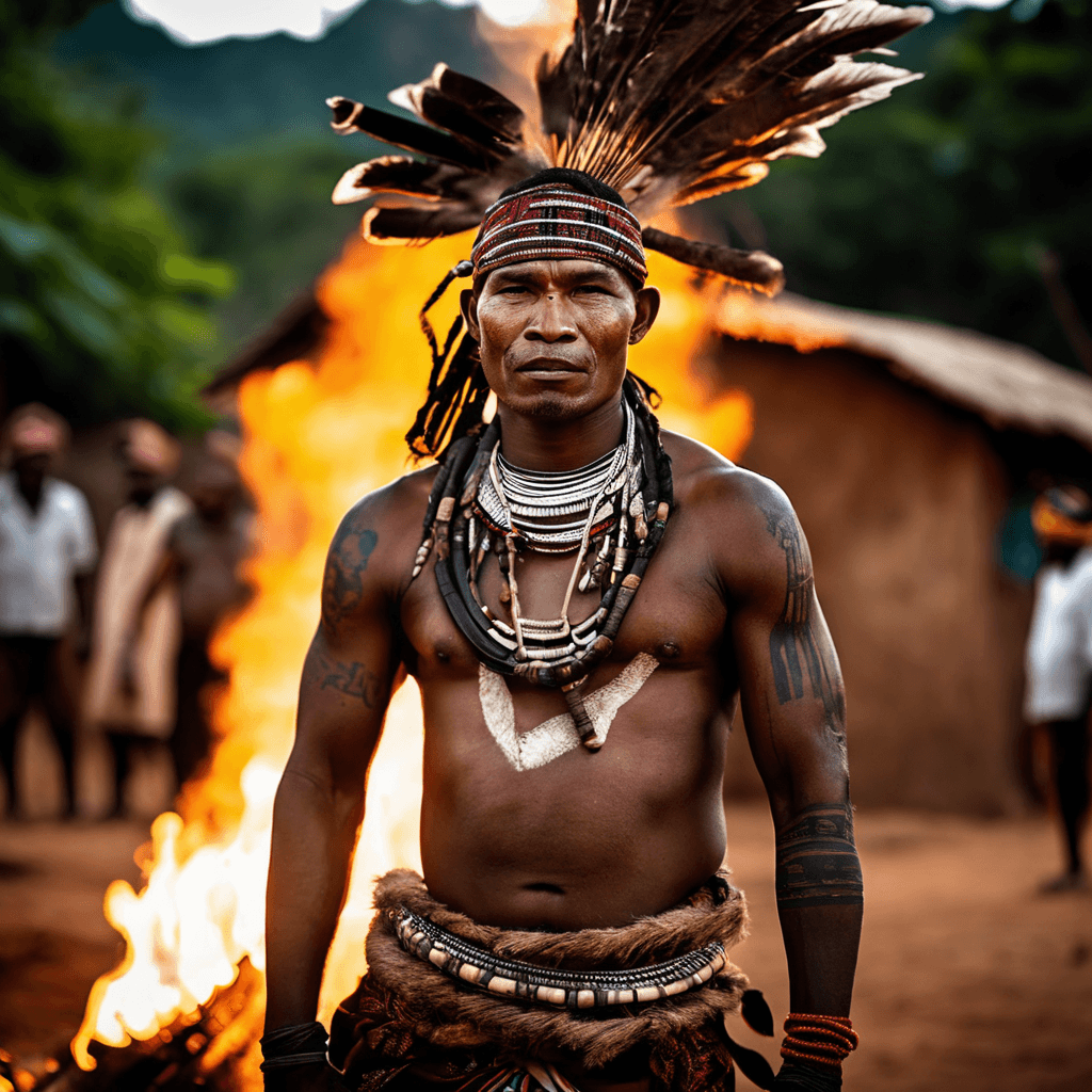 AI generated: A fierce 35-year-old tribal warrior, adorned with intricate tribal tattoos and traditional attire, s...