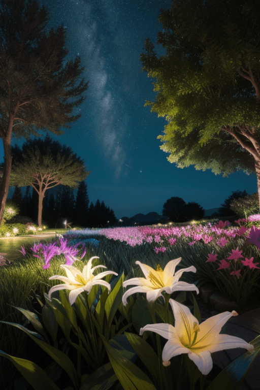 AI generated: a garden of starlight lillies, blue sky, detailed, photo-realistic <lora:FilmVelvia3:0.4>