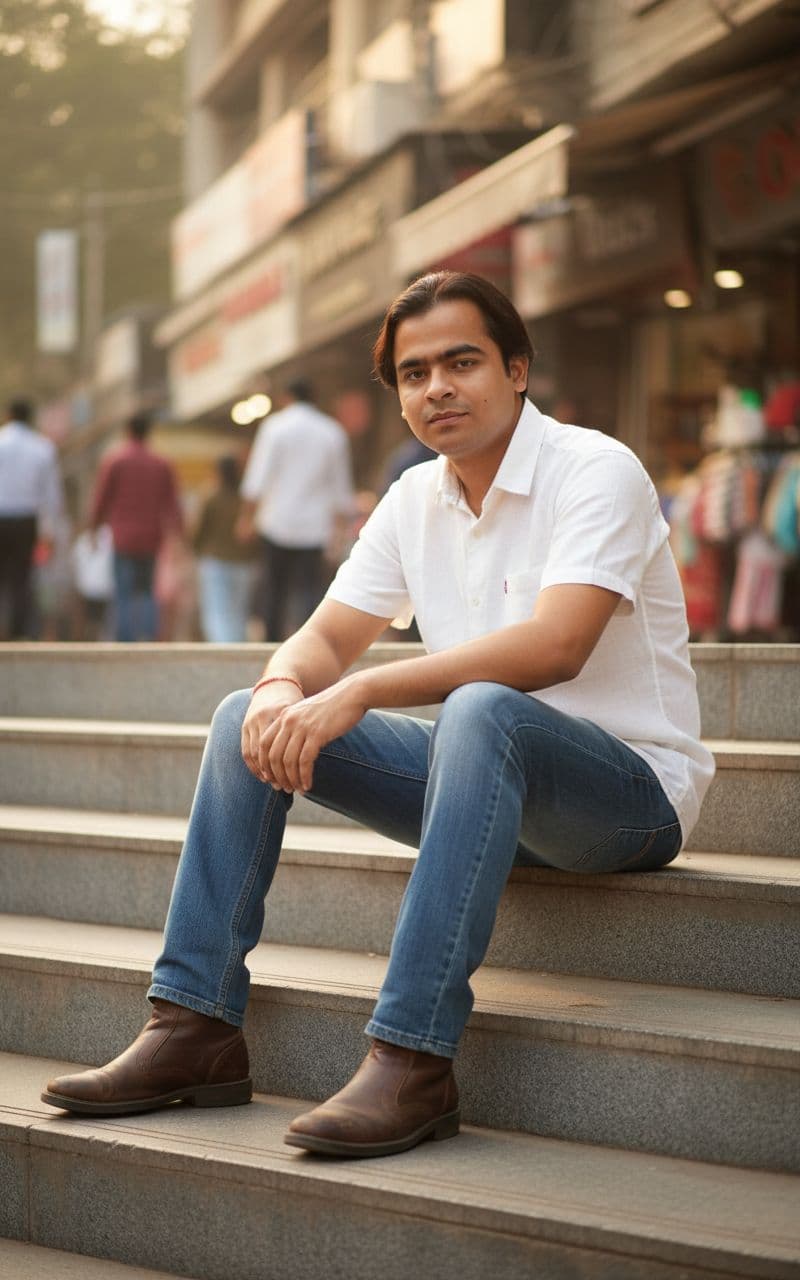 AI generated: Outdoor street-portrait in New Friends Colony CC Market, New Delhi.



A stylish young man (use ...