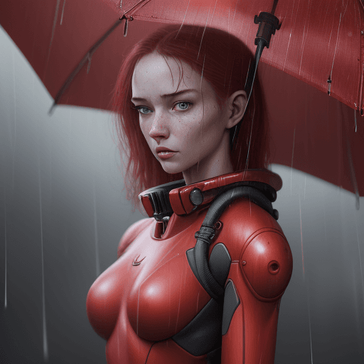AI generated: young girl with a red robot suit standing in the rain, in the style of detailed hyperrealism, skotti...
