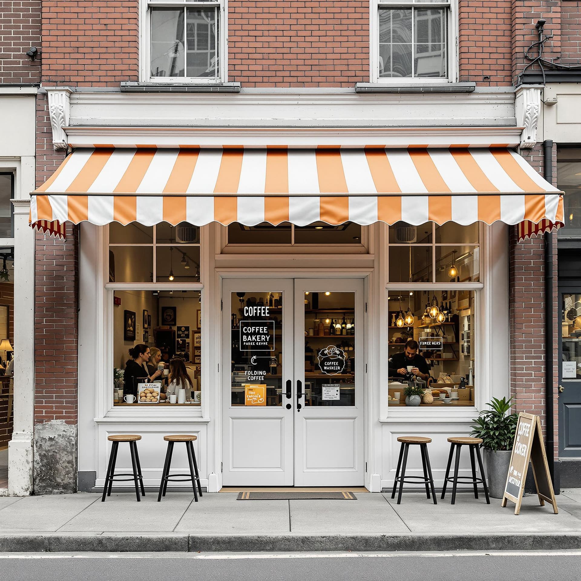 AI generated: The exterior of a ground level small coffee-bakery shop with no other floors above , with white wind...
