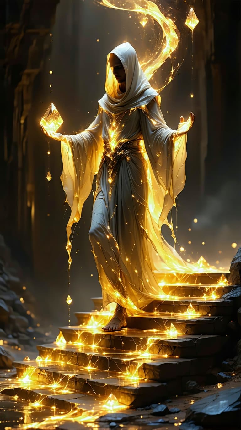 AI generated: 
A luminous golden guardian, their form woven from celestial silk and cosmic energy, stands atop a l...