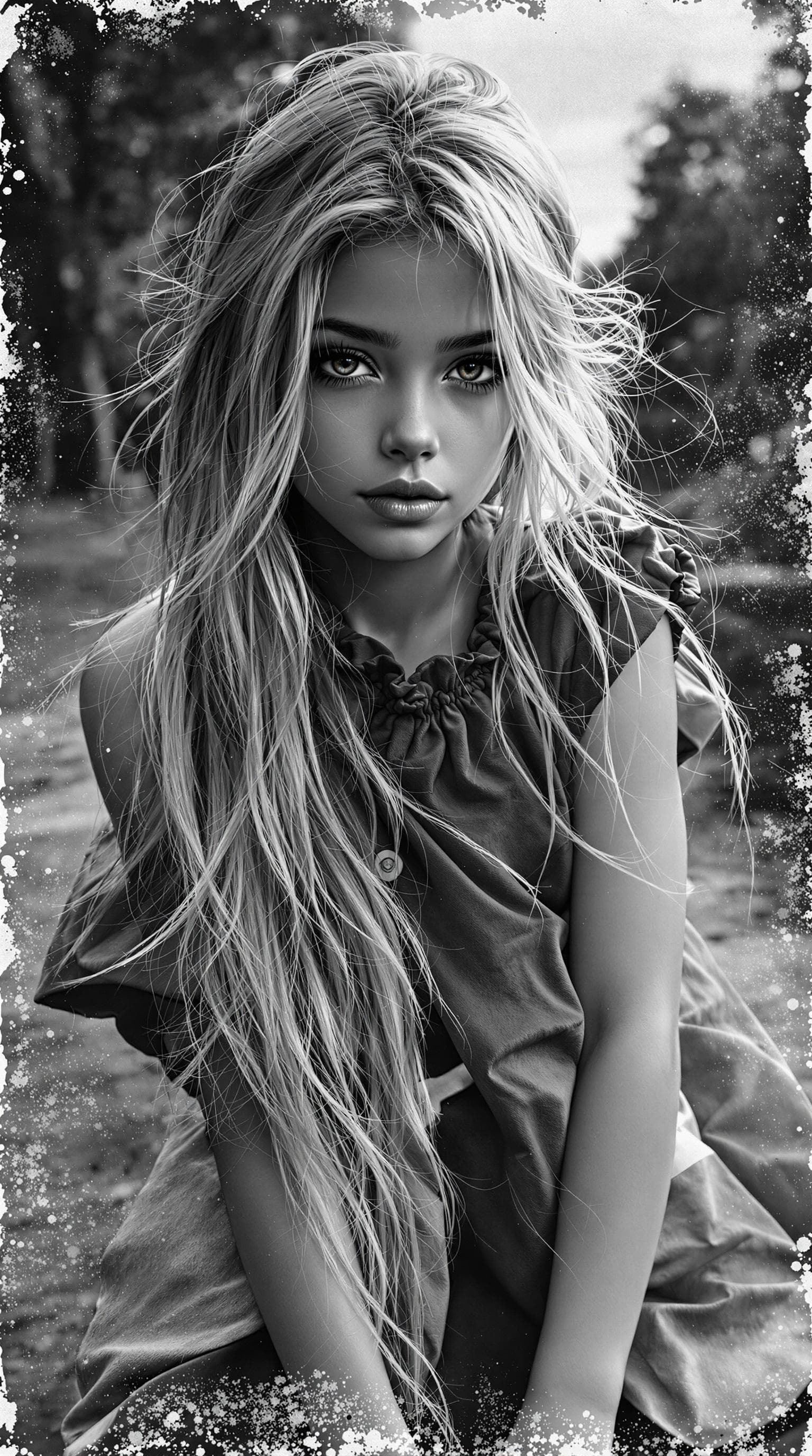 AI generated: a professional black and white photo ( aged around the edges) of a exceptionally beautiful girl in t...