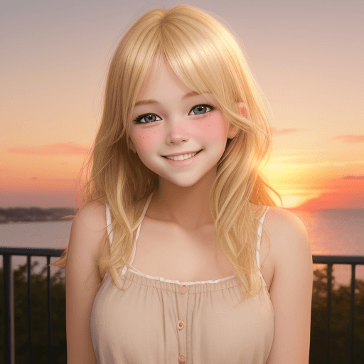 AI generated: blonde cute girl, smile, blush, sunset