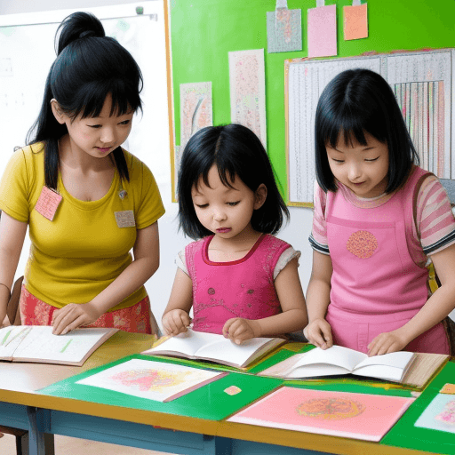 AI generated: Asian female book art instructor teaches children how to make handmade books in a bright and creativ...