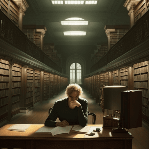 AI generated: A lonely man deep in thought in the library of a woman who has disappeared from afar