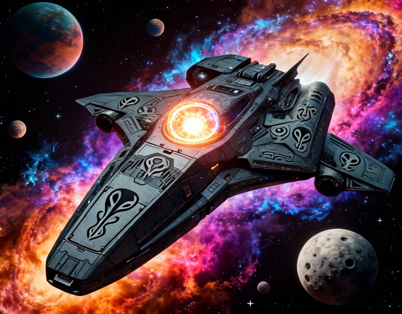 AI generated: Imagine, in detail, an alien spaceship to show a new design. An alien Mega Supercarrier. Show it in ...