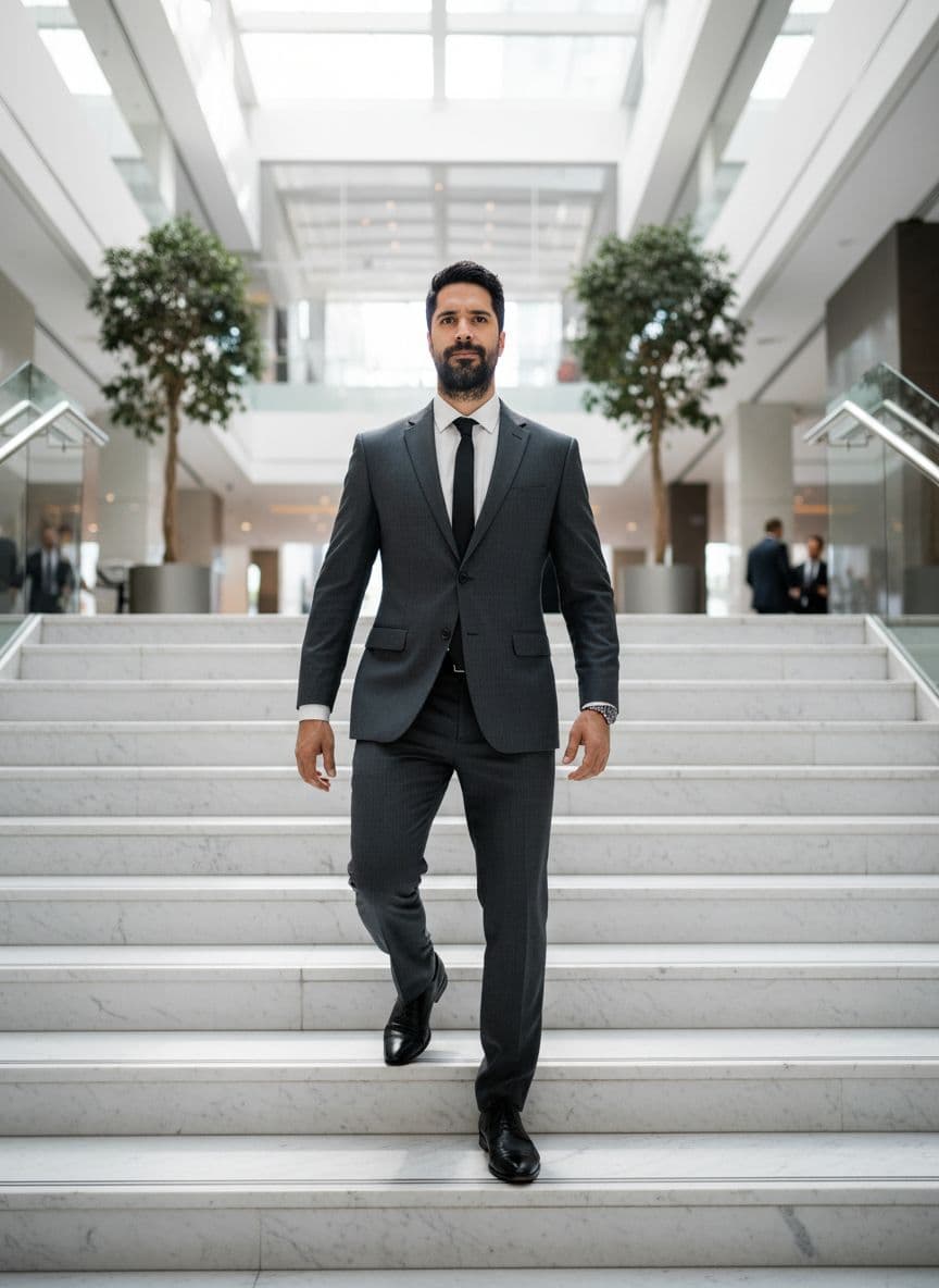 AI generated: Ultra-realistic photo of a man in a gray suit climbing marble stairs, one foot in the air, confident...
