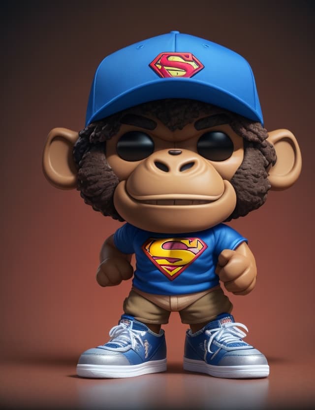AI generated: Funko figure of a Hispanic brown gorilla,smiling, wearing a superman and baseball hat backwards, kha...