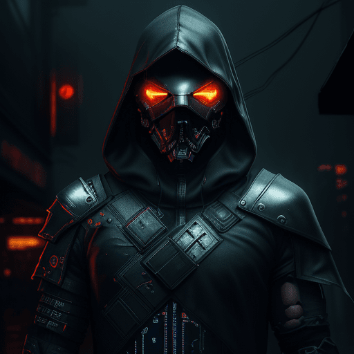 AI generated: cyberpunk, masked man, dark torn hood, dark rainy foggy night, intricate dark and chrome damaged arm...