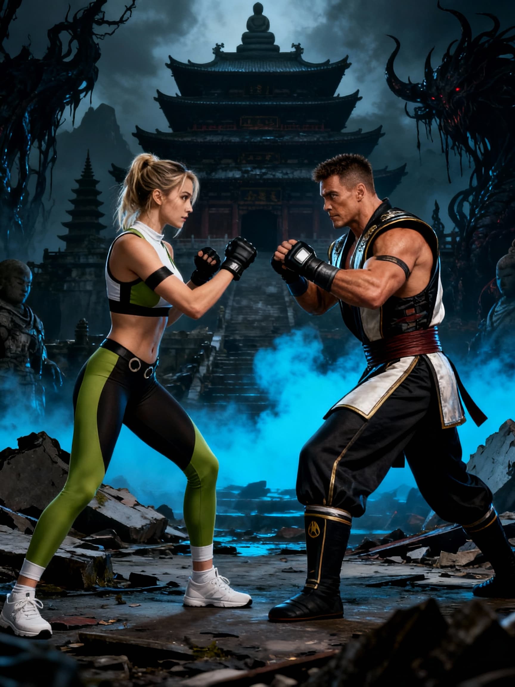 AI generated: Sonya Blade vs Johhny Cage,battle poses,ruined shaolin temple dark fantasy background, mortal kombat...