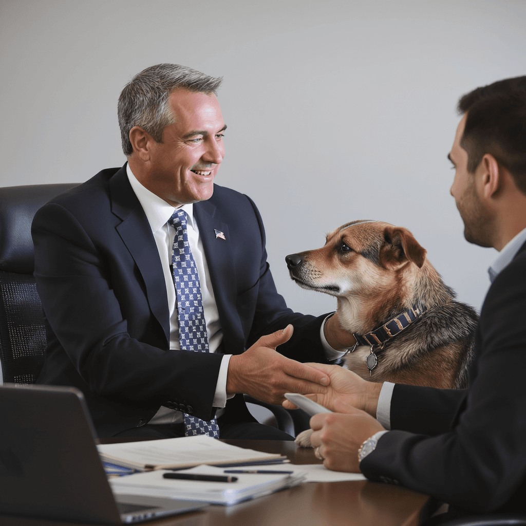 AI generated: generate elon musk negotiatin with a dog