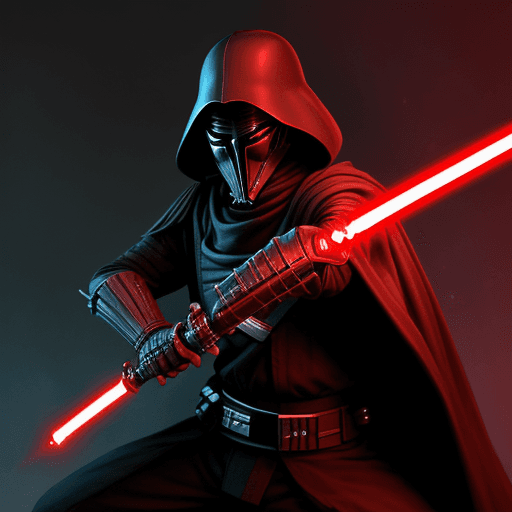 AI generated: skilled swordsman with a red double-bladed lightsaber, an original alien race from star wars and a b...