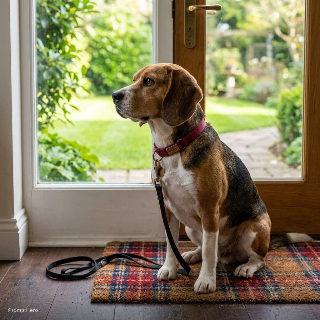 AI generated: photorealistic image of a beagle sitting and waiting to go for a walk. Green lawn visible through th...