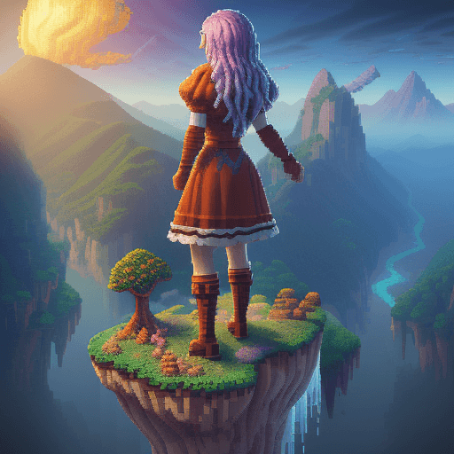 AI generated: high pixeleted picture,2d pixel art, more like pixel art, bolnd hair girl, game front page cover, ba...