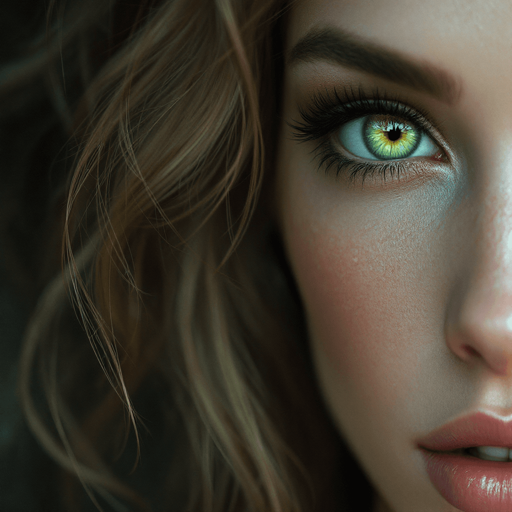 AI generated: a woman with green eyes, in the style of realism with fantasy elements, daz3d, fine art realism, mag...