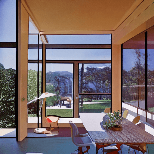 AI generated: Hyper realistic eye level exterior photo of a mid century modern style house overlooking the ocean, ...