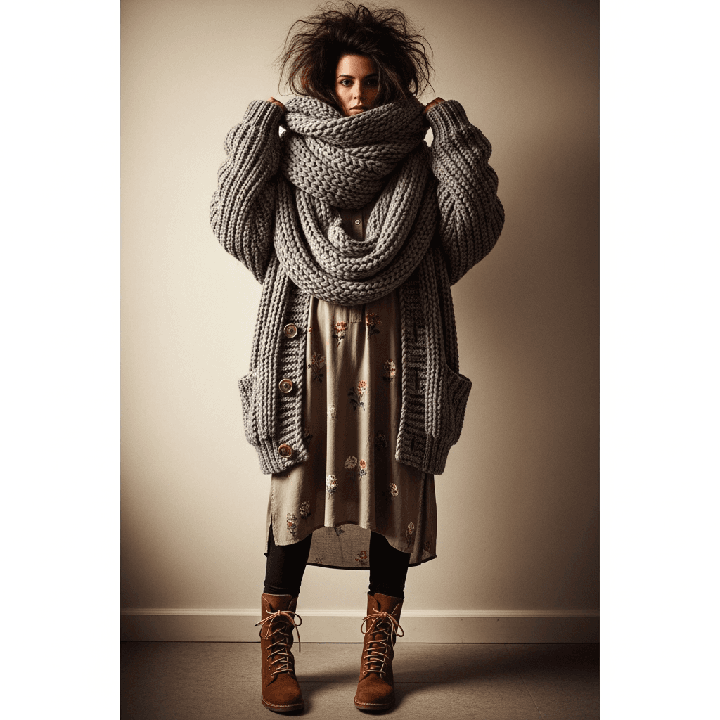 AI generated: Full body photo of a woman with messy voluminous dark hair, wearing a chunky oversized grey knit car...