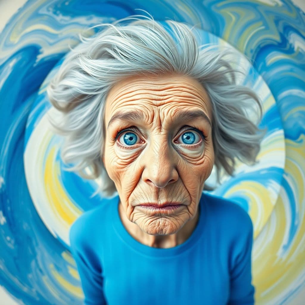 AI generated: Oil painting with circular composition and fisheye effect, central close-up of the old wrinkled face...