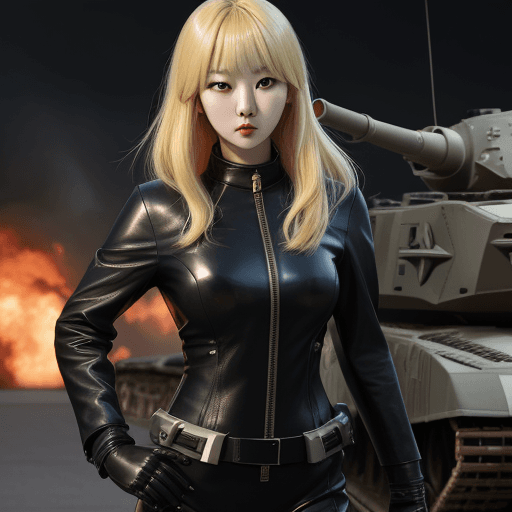 AI generated: High resolution kang ji young blonde hair in leather suit in a battle tank