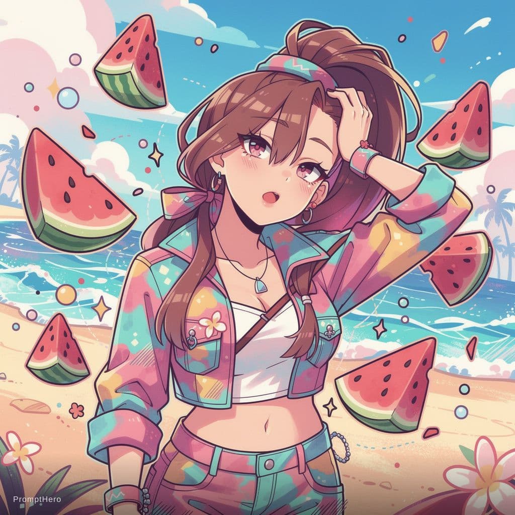 AI generated: A whimsical illustration, anime playful watermelon bouncing and splashing, beach-air, inspired by Ch...