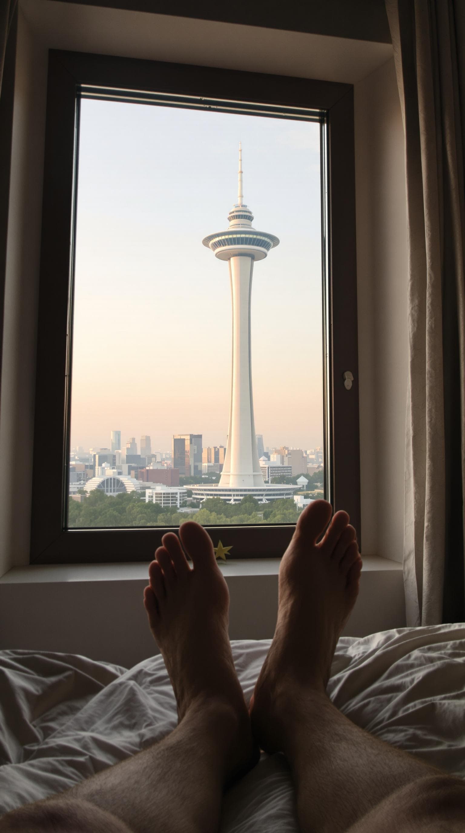 AI generated: POV first-person, I am a 30-year-old man, lying on my bed in my bedroom, just waking up in the morni...
