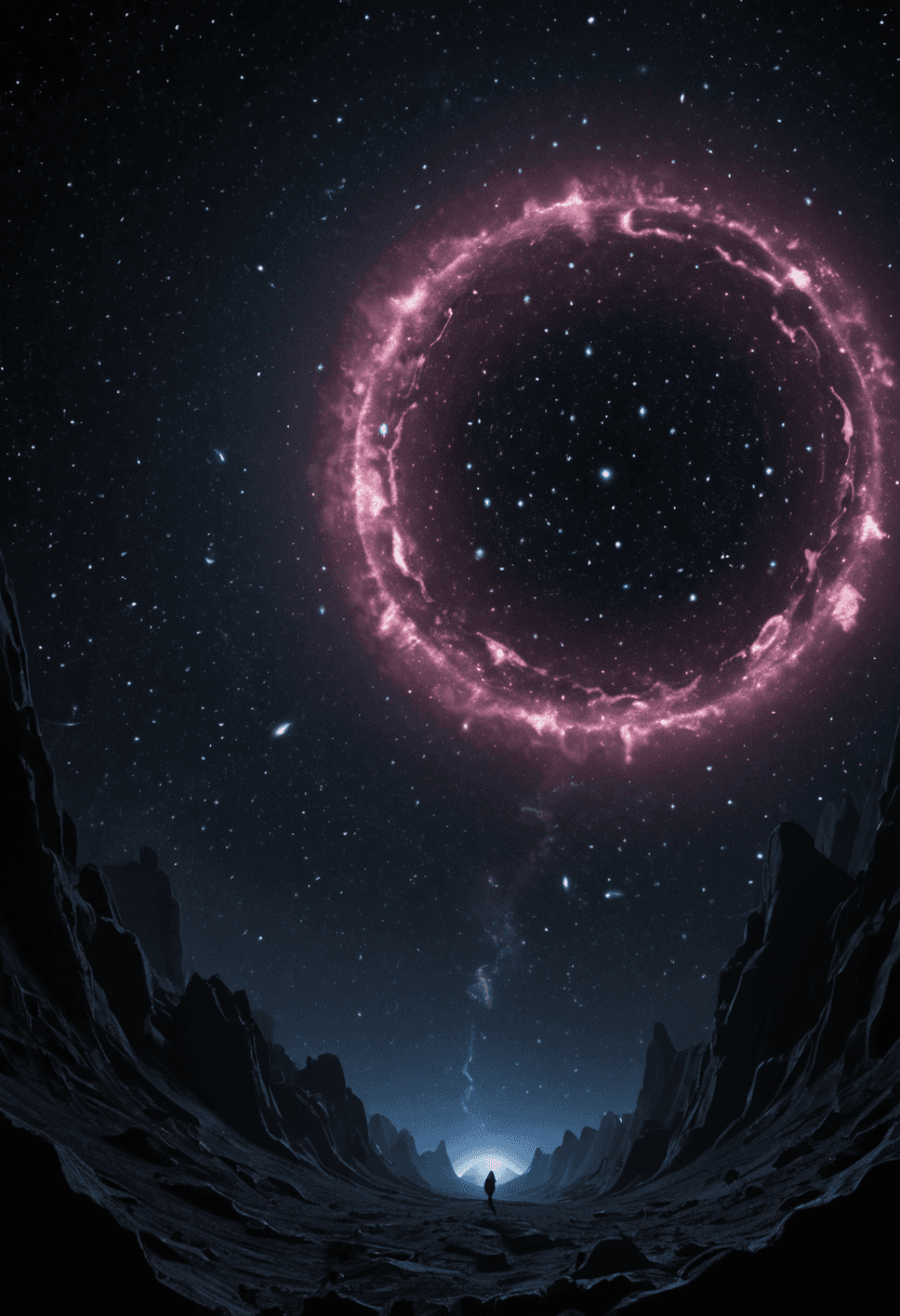 AI generated: Alien-themed A vast exoplanet with bioluminescent forests under a swirling galaxy of stars and nebul...