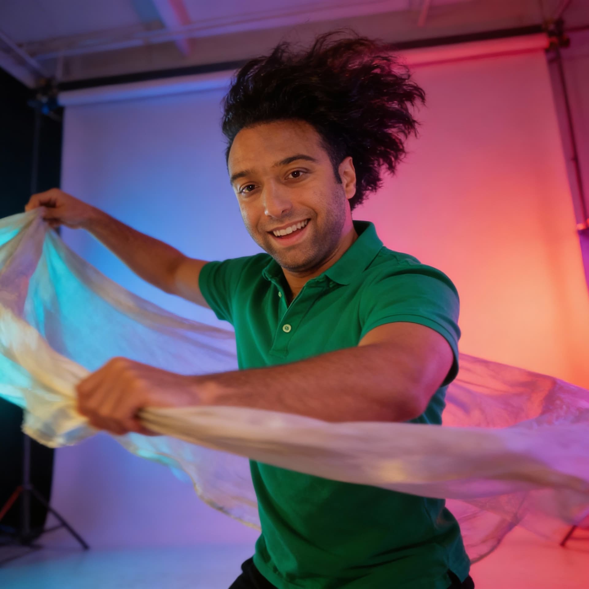 AI generated: Singer captured mid-dance move, fabric flowing, hair in motion. Dynamic angle, studio lighting with ...