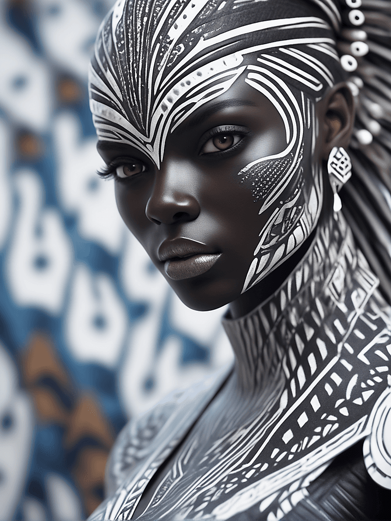 AI generated: intricate closeup shot, masterpiece artwork, black skin-tight body, tribal, suit, white accent, deta...