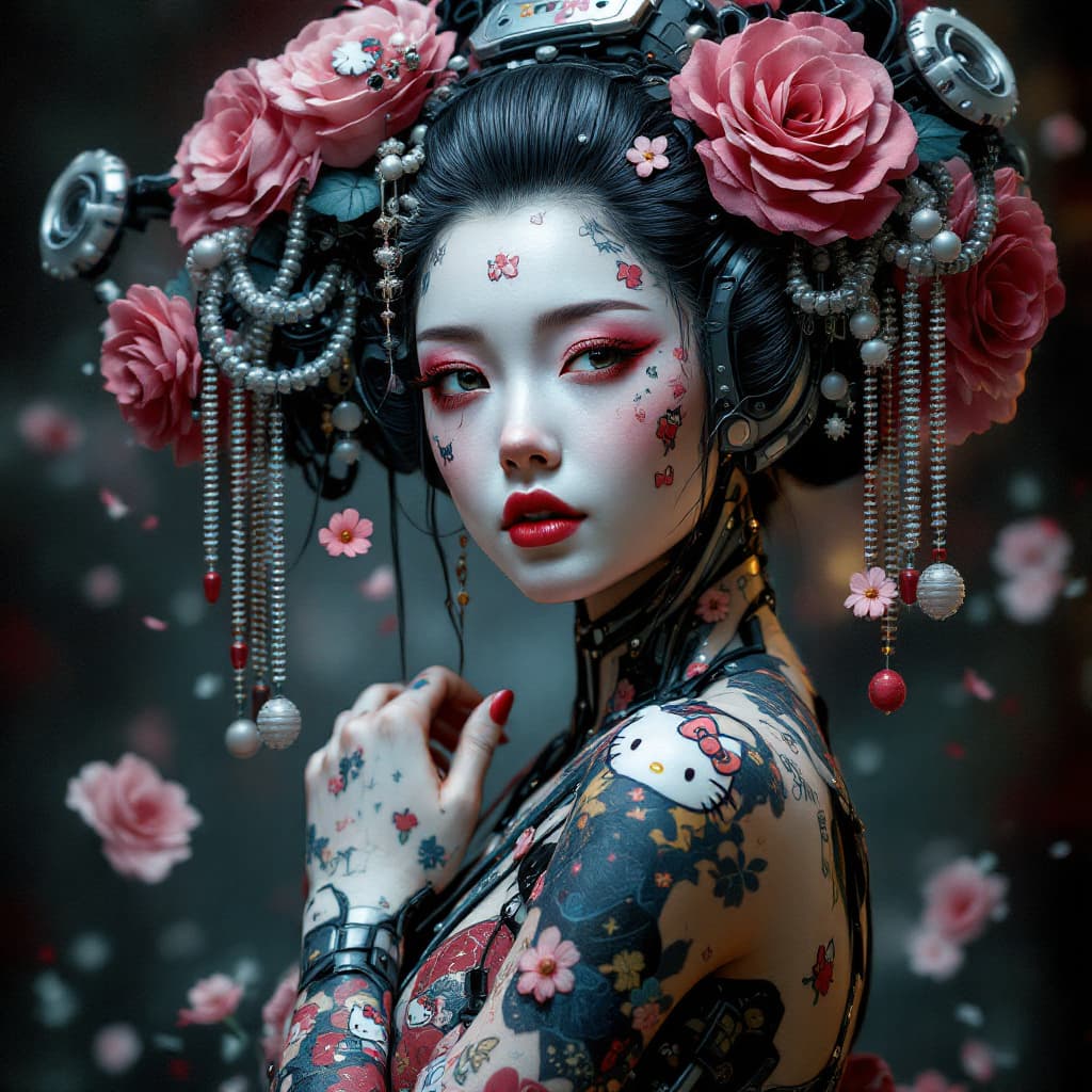 AI generated: an epic fantastic realism comic book style portrait painting of a japanese robotic geisha with hello...