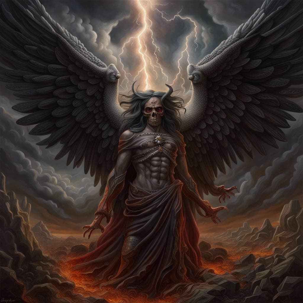 AI generated: the profane angel of death and the sacred demon of life, celestial inferno, volumetric lightning, he...