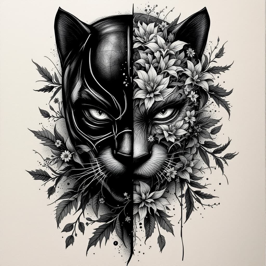 AI generated: tattoo, concept, black panther, just face, abstract, different, black and white, less black, face di...