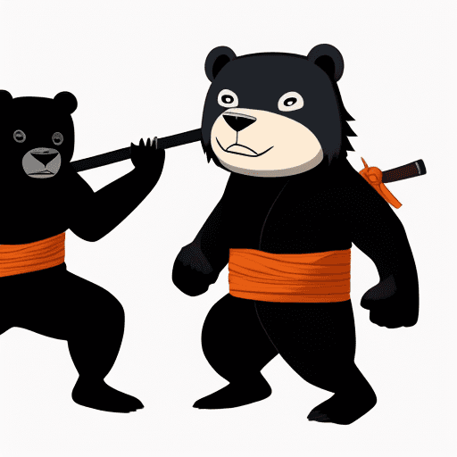 AI generated: ninja bear in black suit with katana in tample cartoon 