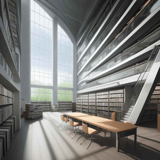 AI generated: create a picture from a modern german library. photorealistic.
width 1024, height 1024
