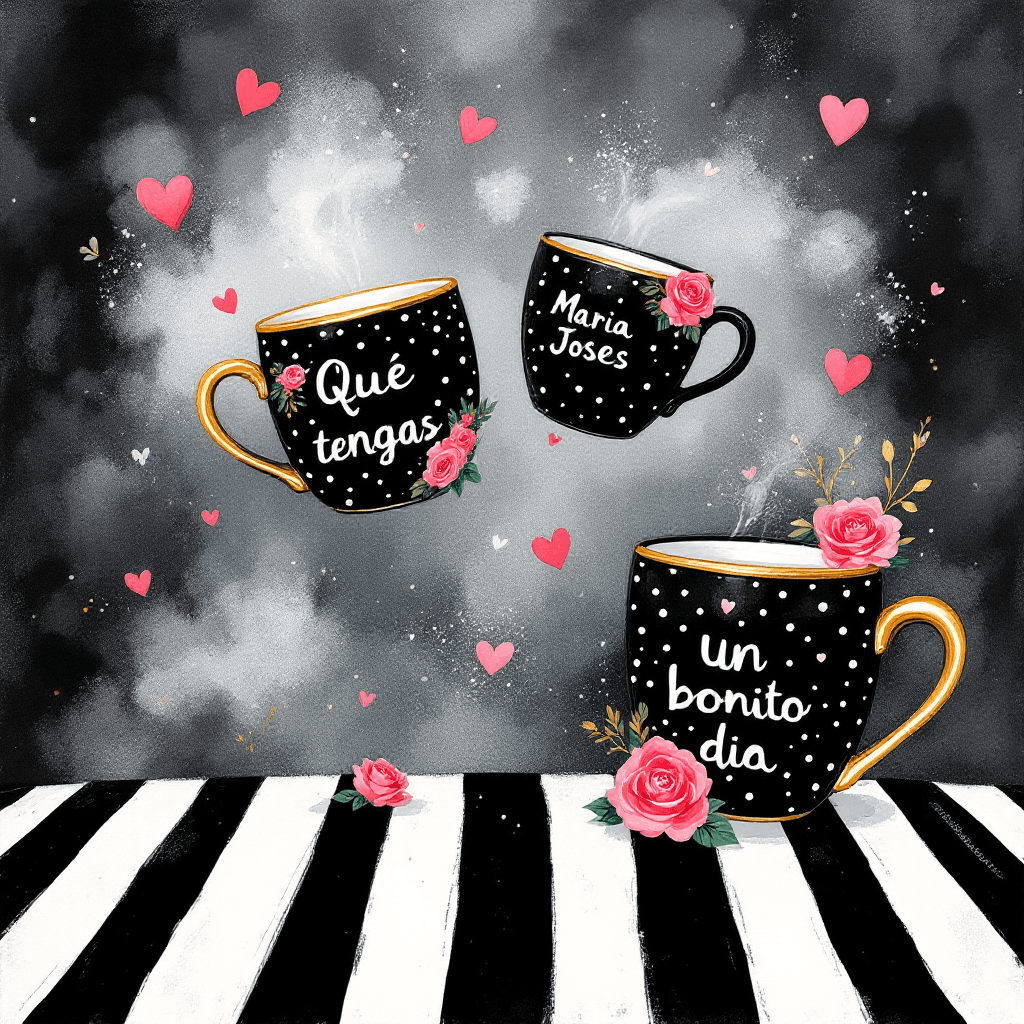 AI generated: A whimsical and enchanting illustration featuring four gold-rimmed black polka dot felt mugs, each d...