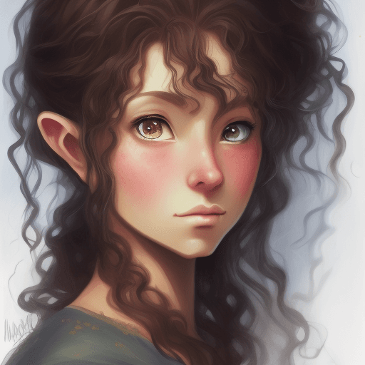 AI generated: A fantasy Anime style painting portrait of female hobbit art character with curly brown messy hair, ...