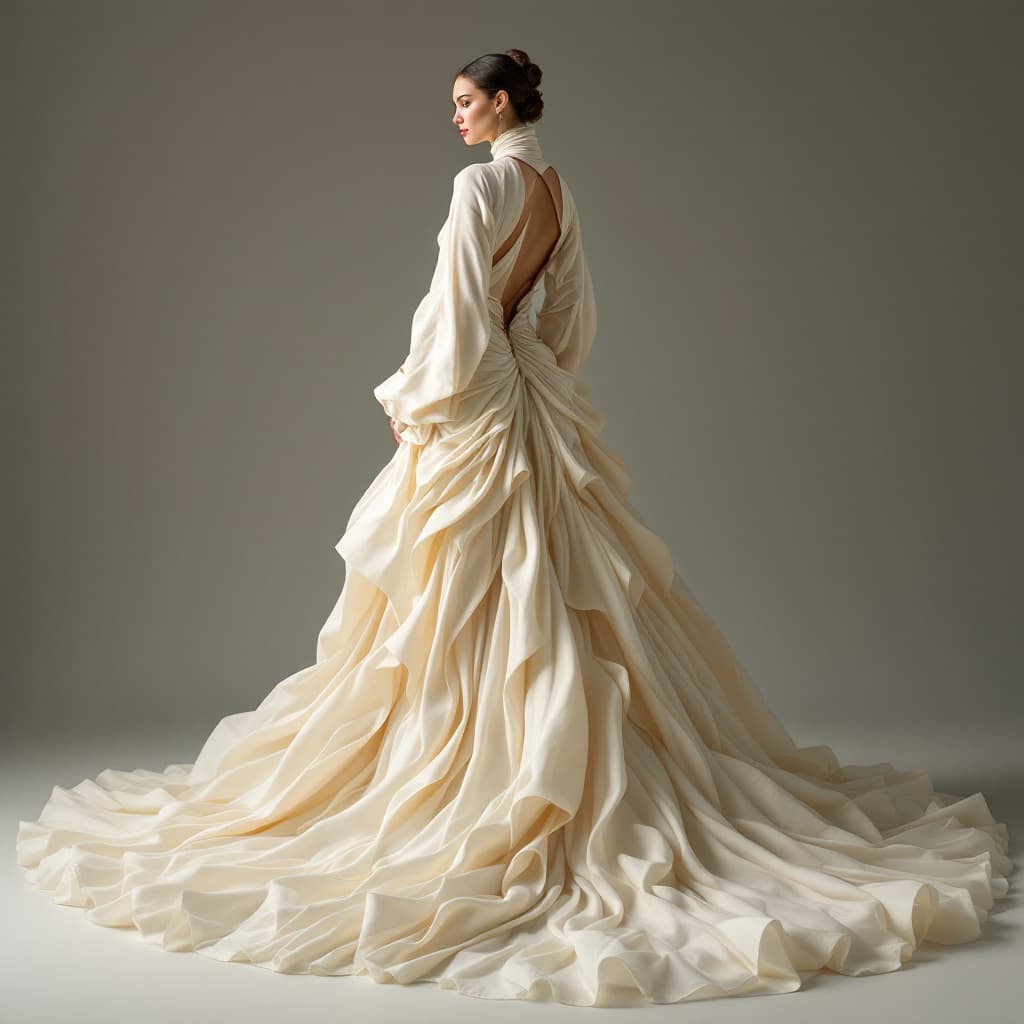 AI generated:  The image is a full-length portrait of a woman in a flowing cream dress. The dress features a high ...