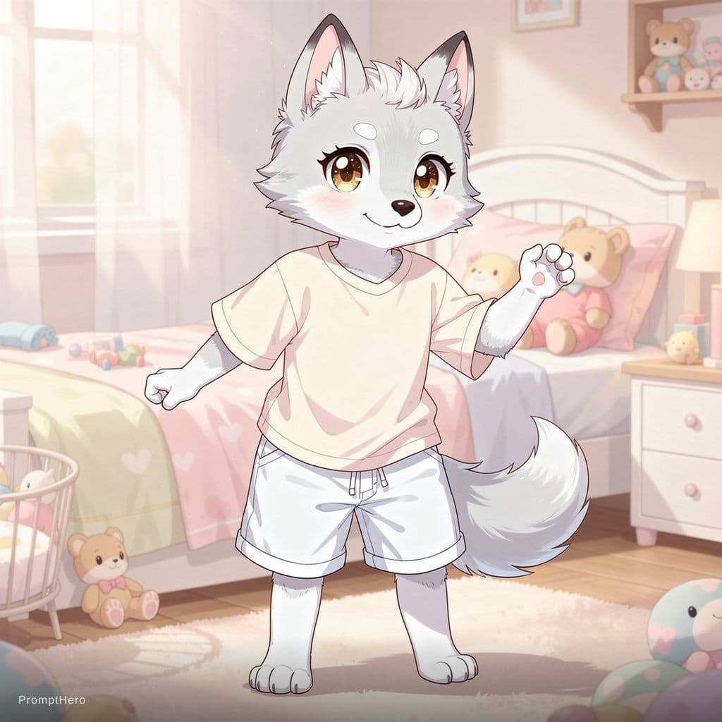 AI generated: A diaperfur messy and wet diaper white wolf non photorealistic rendering anime 
