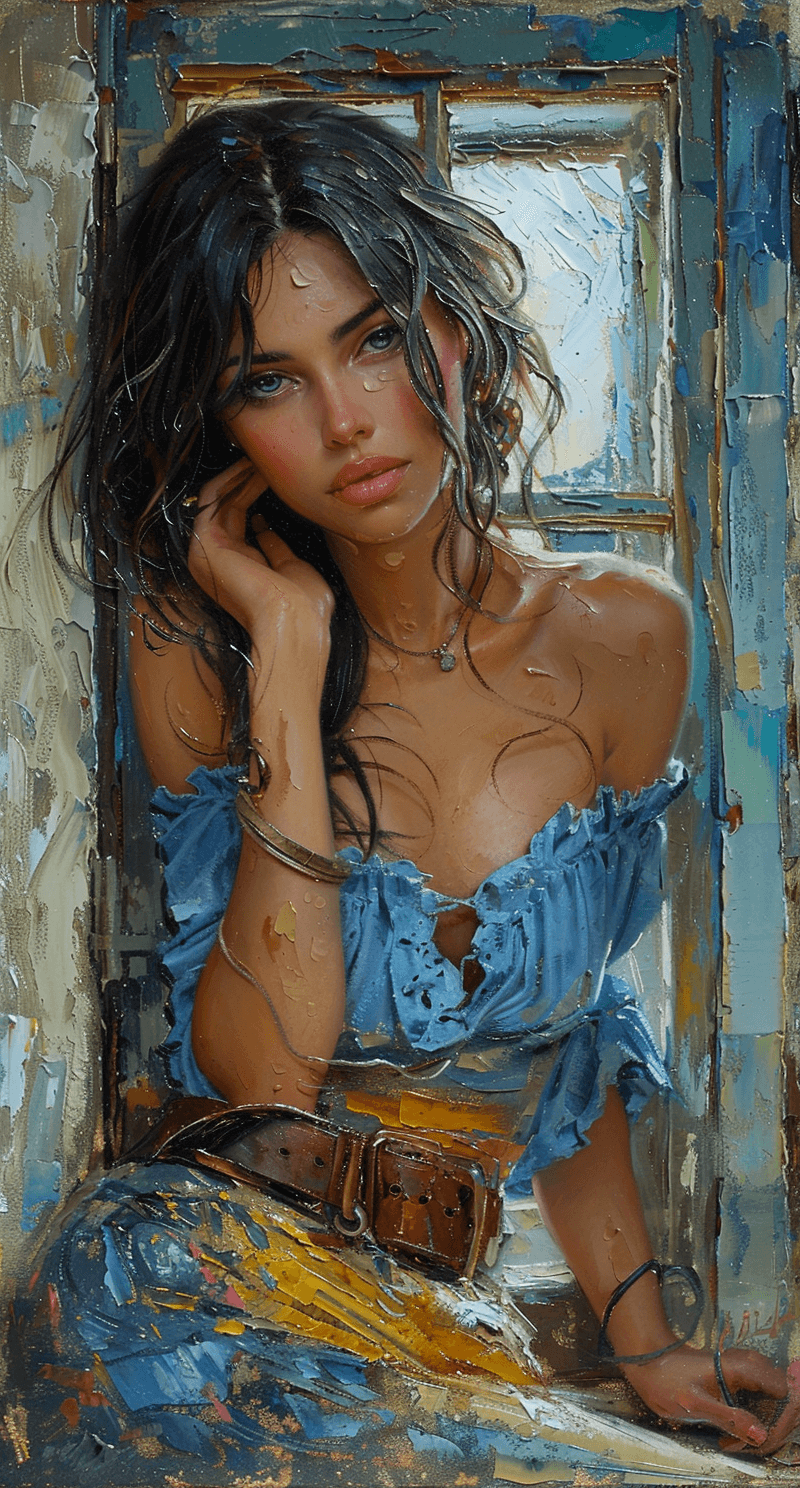 AI generated: a painting of a woman sitting near a window, in the style of beautiful women, playfully intricate, h...