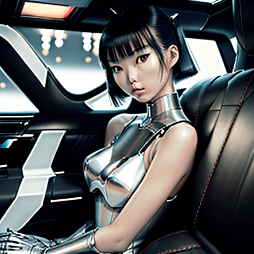 AI generated: High-angle-candid-close-up-photo of a Japanese girl with chromed-steel robot arms. Seated in a ebony...